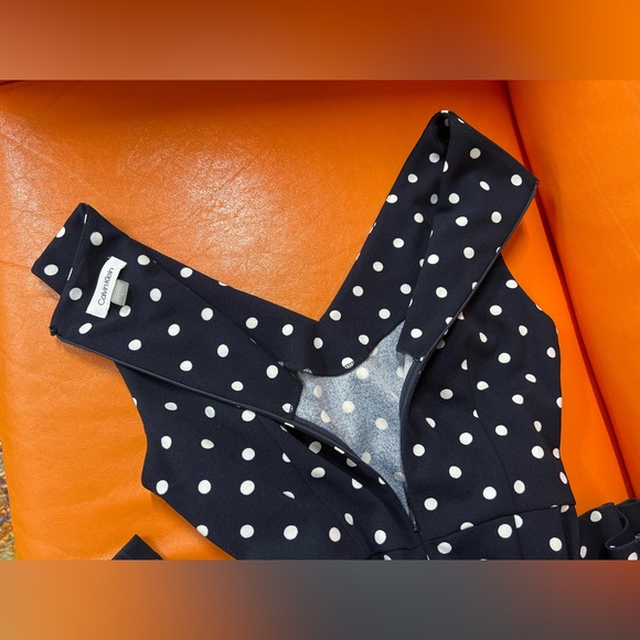 NWT Calvin Klein dark navy polka dot belted wide leg jumpsuit. - Picture 7 of 10